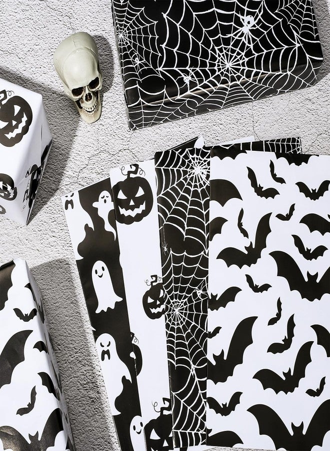 Whaline 12 Sheet Halloween Wrapping Paper Black White Pumpkin Ghost Spider Web Pattern Folded Flat Gift Wrap Paper 4 Design Art Paper for Halloween Party DIY Craft Gift Packing, 19.7 x 27.6 Inch - Image 4